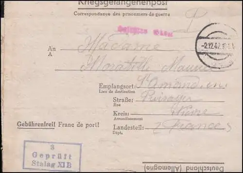 Kriegsgefangenenpost Stalag XI B, Tarnstempel 2.12.1942, nach Frankreich