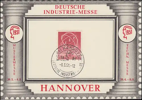 Messekarte Deutsche Industrie-Messe mit 71 ERP,  SSt HANNOVER Messe 3.3.1951