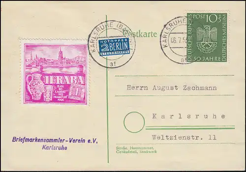 163 Deutsches Museum mit IFRABA auf Orts-Postkarte KARLSRUHE 6.7.1953
