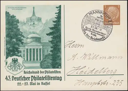 PP 122 Journée des philatélistes Kassel SSt MANNHEIM Journée de la marque Bief 9.1.1938