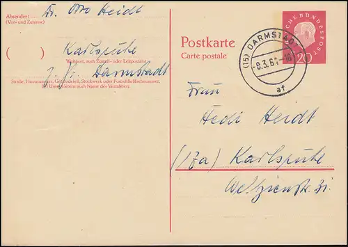 Postkarte P 44 Heuss mit Beidruck 4x22 mm, DARMSTADT 8.3.61 nach Karlsruhe