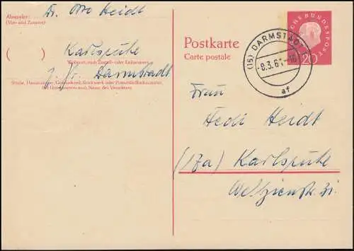 Postkarte P 44 Heuss mit Beidruck 4x22 mm, DARMSTADT 8.3.61 nach Karlsruhe