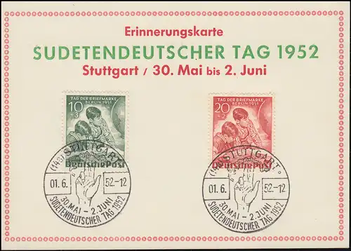 Karte Sudendeutscher Tag mit 80-81 Tag der Briefmarke SSt STUTTGART 1.6.1952