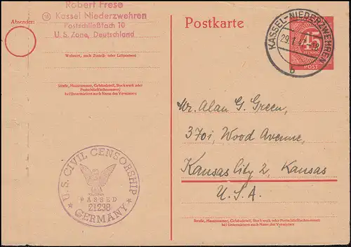 Zensur U.S. Civil Censorship 21238 auf P 955 KASSEL-NIEDERZWEHREN 29.1.1947