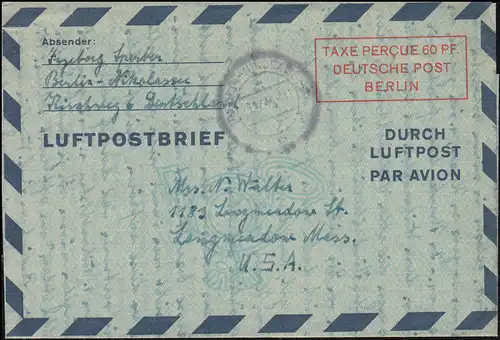Lettre postale aérienne LF 2 b IV à 60 p. BERLIN-NIKOLASSEE 28.12.1949 aux États-Unis