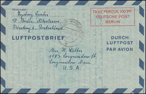 Lettre postale aérienne LF 1 II à 100 lignes Pf. double BERLIN-NIKOLASSEE 27.2.1949