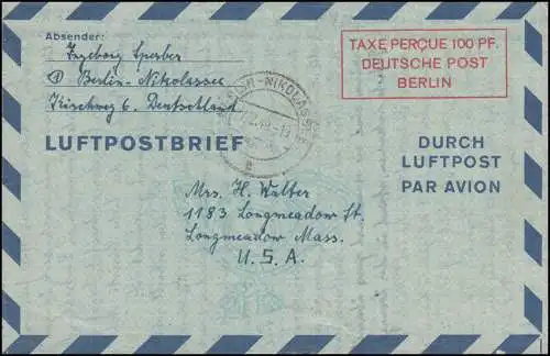 Lettre postale aérienne LF 1 II à 100 lignes Pf. double BERLIN-NIKOLASSEE 27.2.1949