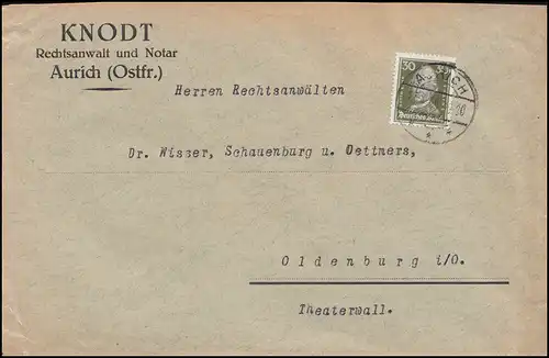 394 Lessing als portogerechte EF auf Brief AURICH 23.4.1929 nach Oldenbrug