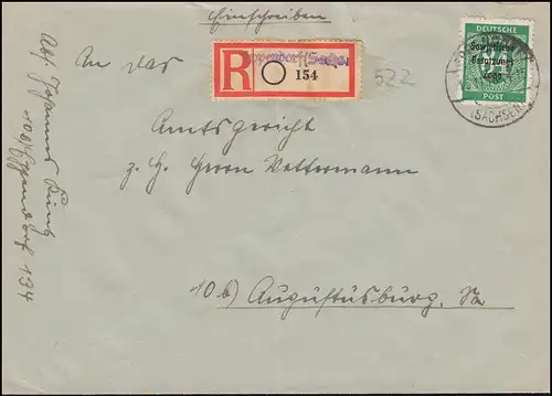 211 SBZ-Aufdruck 84 Pf. EF auf R-Brief Not-R-Zettel EPPENDORF/SACHEN 15.11.1948
