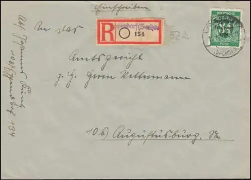 211 SBZ-Aufdruck 84 Pf. EF auf R-Brief Not-R-Zettel EPPENDORF/SACHEN 15.11.1948