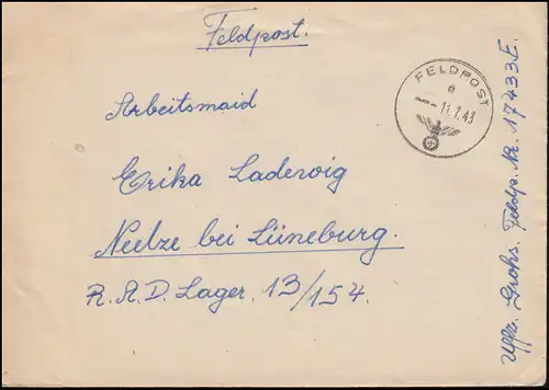 Feldpost FP-Nummer 17433 E auf Brief 11.7.1943 nach Neelze bei Lüneburg