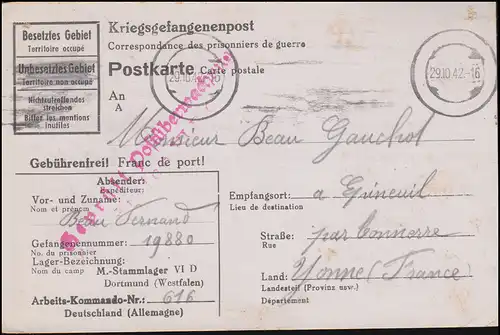 Poste de prisonniers de guerre Stalag VI D Dortmund, timbre-tarn 29.10.42 vers la France