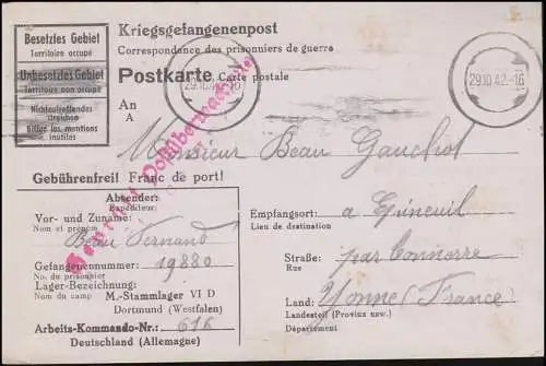 Poste de prisonniers de guerre Stalag VI D Dortmund, timbre-tarn 29.10.42 vers la France