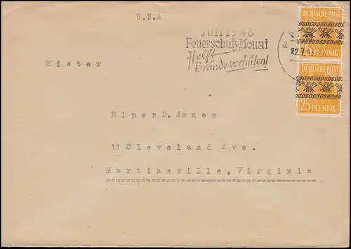 45I Band auf 25 Pf. als MeF Brief aptierter Stempel MÜNCHEN 22.7.1948 in die USA