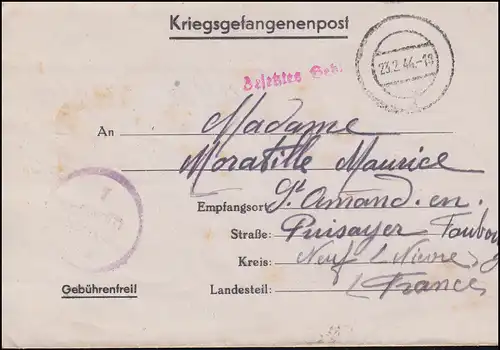 Kriegsgefangenenpost Stalag XI B, Tarnstempel 23.2.1944, nach Frankreich