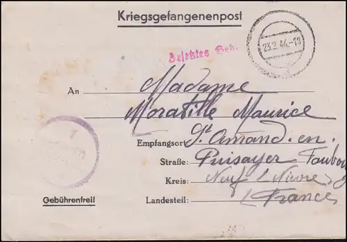 Poste de prisonniers de guerre Stalag XI B, timbre-cadran 23.2.1944, vers la France