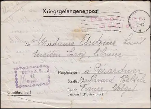 Kriegsgefangenenpost Stalag X B, Tarn-Maschinenhalbstempel nach Frankreich