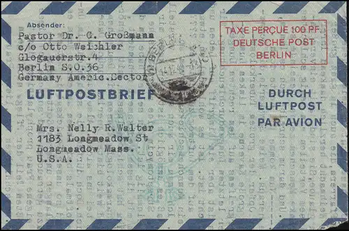Luftpostfaltbrief LF 1 II zu 100 Pf. Doppellinien BERLIN 14.12.1948 in die USA