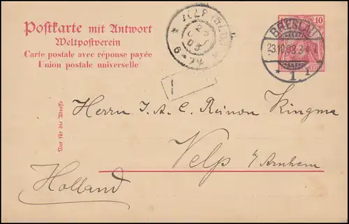 Postkarte P 62 Germania 10/10 Pf Doppelkarte BRESLAU 23.10.1903 nach Holland