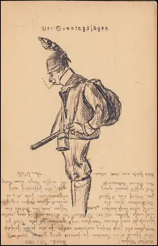 Carte de vision dessinée Le Chasseur du Dimanche, HAMBURG 8.9.1905