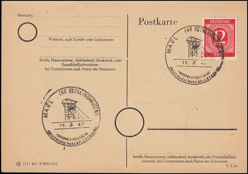 SSt MARL (KR. RECKLINGHAUSEN Briefmarkenhändlertagung 19.3.47, Blanko-Postkarte