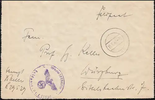 Feldpost BS Feldpostnummer L 29529 Brief mit Tarnstempel 15.5.42 nach Würzburg