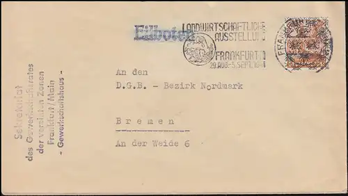 44II Netz 24 Pf EF Brief Gewerkschaftsrat vereinter Zonen FRANKFURT/MAIN 28.8.48