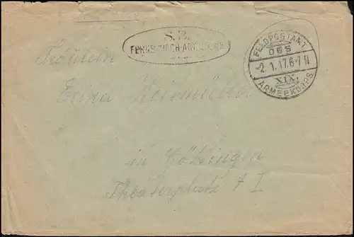 Feldpost S.B. Fernsprech-Abteilung XIX AK 2.1.1917 Brief nach Göttingen