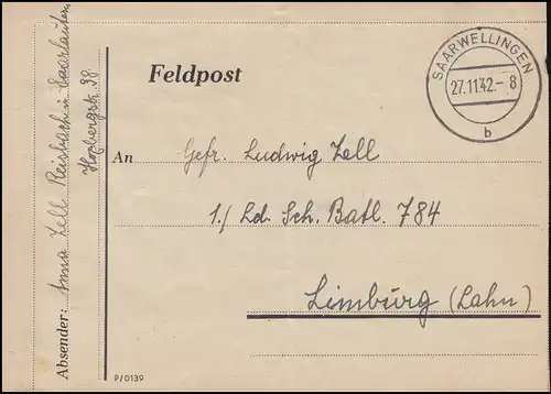 Feldpost-Brief SAARWELLINGEN 27.11.1942 nach Limburg - ohne Briefstempel