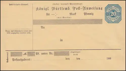 Württemberg Postanweisungumschlag AU 36 - Pfennig blau steiles M, ungebraucht **