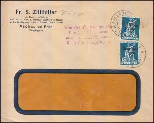 Zensur 123 Abschiedsserie mit Aufdruck als MeF Brief ASCHAU bei PRIEN 22.4.1921