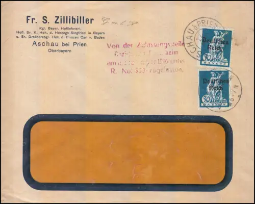 Zensur 123 Abschiedsserie mit Aufdruck als MeF Brief ASCHAU bei PRIEN 22.4.1921