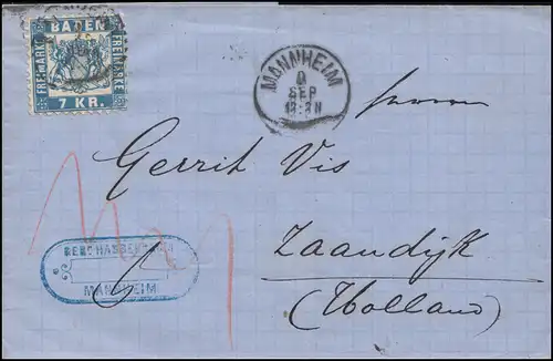 Baden 25a Ziffer 7 Kreuzer blau auf Brief MANNHEIM 9.9.1869 nach ZAANDAM 10.9.69