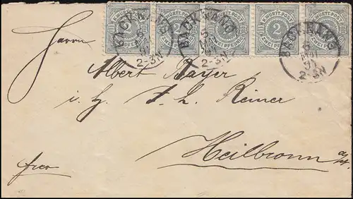Württemberg 60 Ziffer 2 Pf. Paar + 3er als MeF auf Brief BACKNANG 6.5.1894
