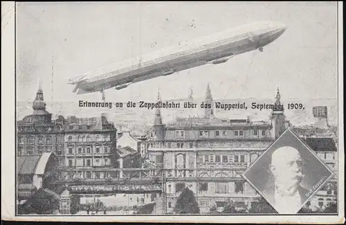 AK Erinnerung an die Zeppelinfahrt über das Wuppertal 1909, ELBERFELD 23.10.1909