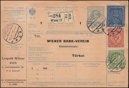 Autriche Carte de paquet avec blason supplémentaire VIENNE 15.3.1917 en Turquie