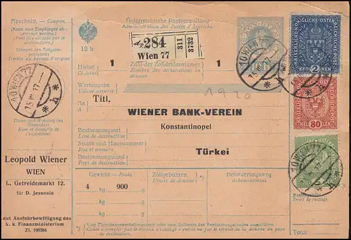 Österreich Paketkarte mit Wappen-Zusatzfrankatur WIEN 15.3.1917 in die Türkei