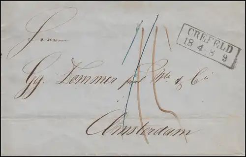 Prusse Lettre de pli cachet cadre CREFELD 18.4.1855 vers Amsterdam/Holland