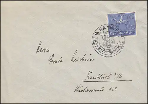 698 Deutsches Derby 1939 auf Brief mit passendem SSt HAMBURG Reiter 25.6.1939