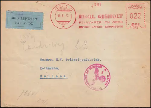 Censuration allemande Wehrmacht sur lettre AFS Eigil Gisholt OSLA 18.8.43 vers la Hollande