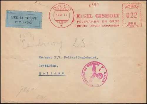 Censuration allemande Wehrmacht sur lettre AFS Eigil Gisholt OSLA 18.8.43 vers la Hollande