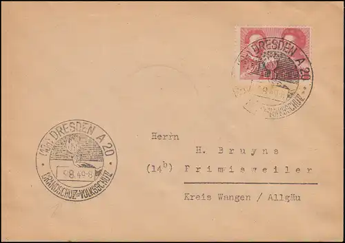 229 Liebknecht et Luxembourg 24 Pf sur lettre SSt DRESDEN pompiers 9.8.1949