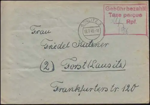 Gebühr-Bezahlt-Stempel mit Taxe percue (24) Rpf. auf Brief GÖRLITZ 19.7.1948