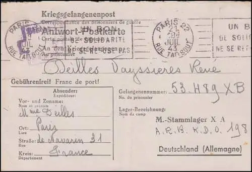 Kriegsgefangenenpost an Stalag X A an das A.R.B.-Kdo 198 aus Paris 21.7.1943