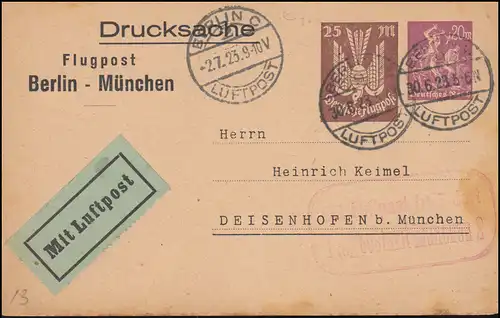 Mit Luftpost befördert Flugpostamt München 2 auf PP 73 von BERLIN C - 2.7.1923