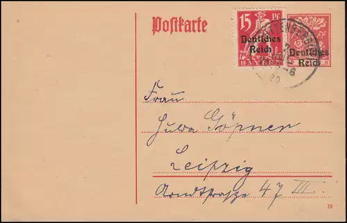 Carte postale P 125 avec adresse complémentaire 121 MiF, GUTTENBERG 2.7.1920 vers Leipzig