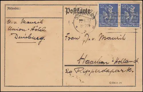 168 ouvriers 120 pf. MeF sur carte postale internationale DUISBURG 16.1.22 vers la Hollande