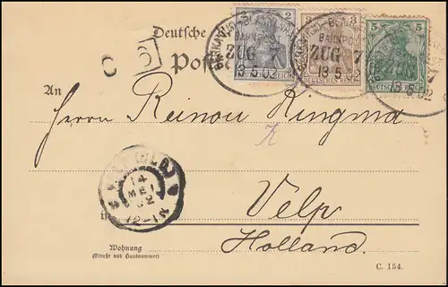 Bahnpost BERKA (ILM) - BLANKENHAIN 13.5.1902 Carte postale avec 68+69+70 Germania-MiF