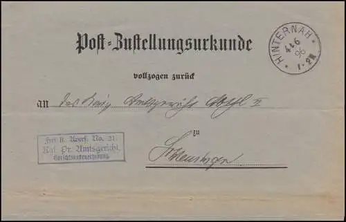 Frei durch Ablösung 21 Amtsgericht HINTERNAH 4.6.96 auf Post-Zustellungsurkunde 