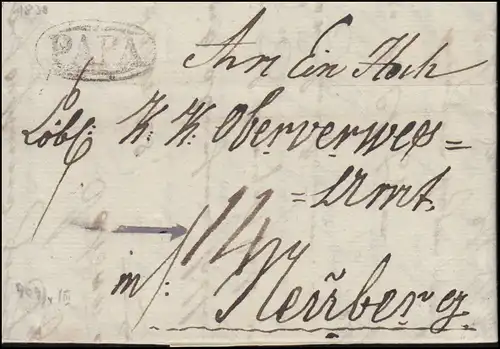 Autriche-Hongrie Lettre de pli Oval-O de PAPA 30.1.1838 à Oberverweseramt Neuberg